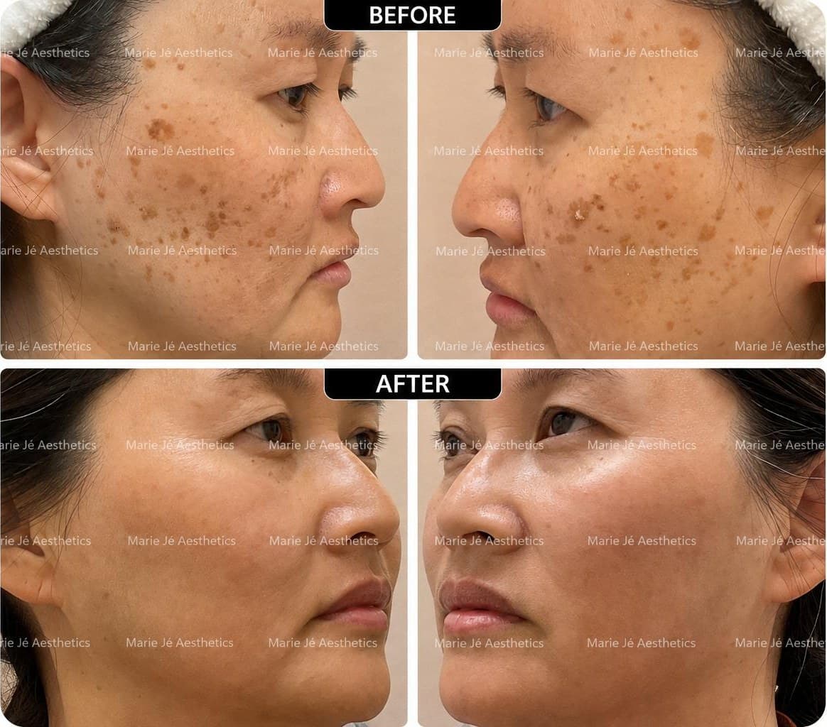 Four panel before and after of a client's cheeks from both sides, the scattered brown spots much lighter in the after photos